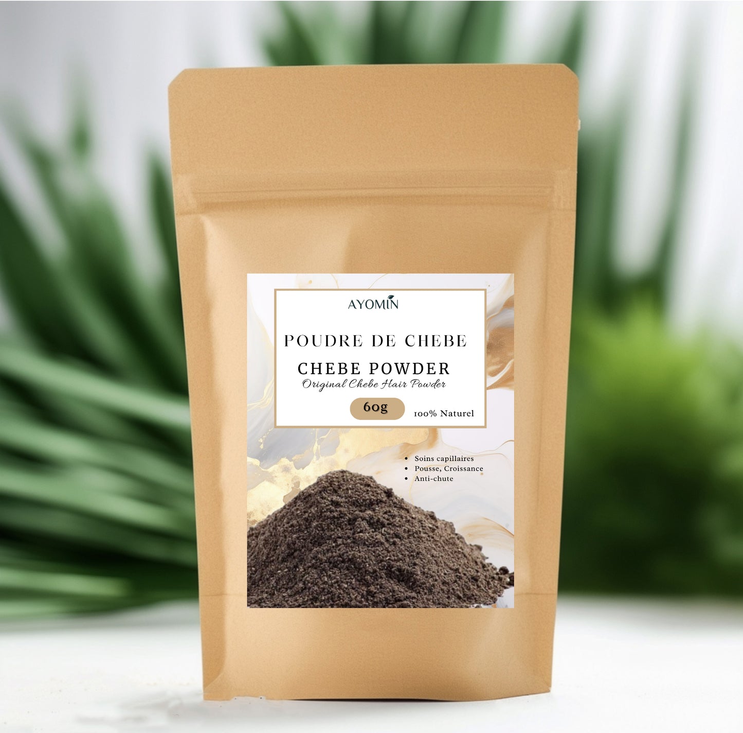 Poudre de Chébé Pemium- 100% Naturel - Authentique - 60g - Stimulation de la croissance des cheveux - Prévention de la casse et des pointes fourchues - Nourrit et fait briller les cheveux